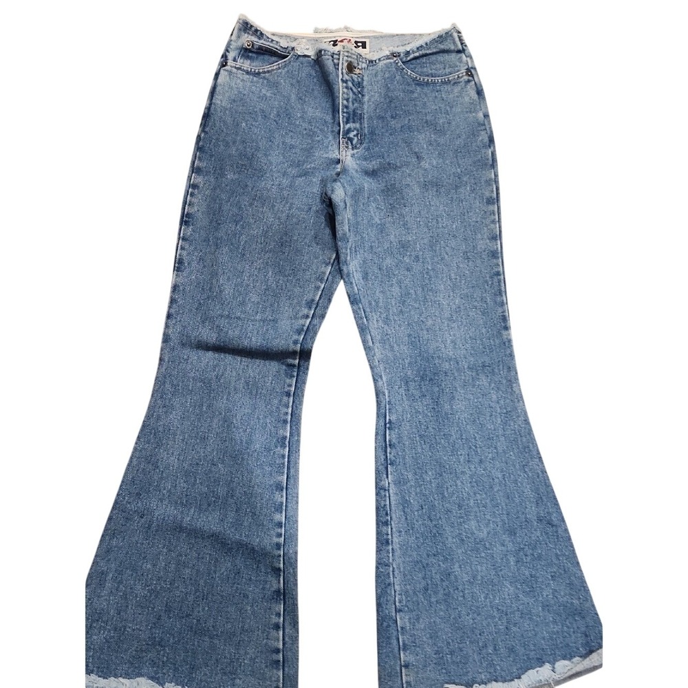 Vintage Y2k Frayed Waist Hem Flare Wide Leg Mid Rise Cotton Boho Festival Jean 9